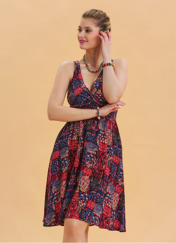 V Neck Robe Red Patterned Ethnic Dress 4515